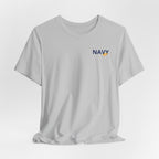 Navy veteran T-shirt in Solid Athletic Grey shown draped with the NAVY chest print
