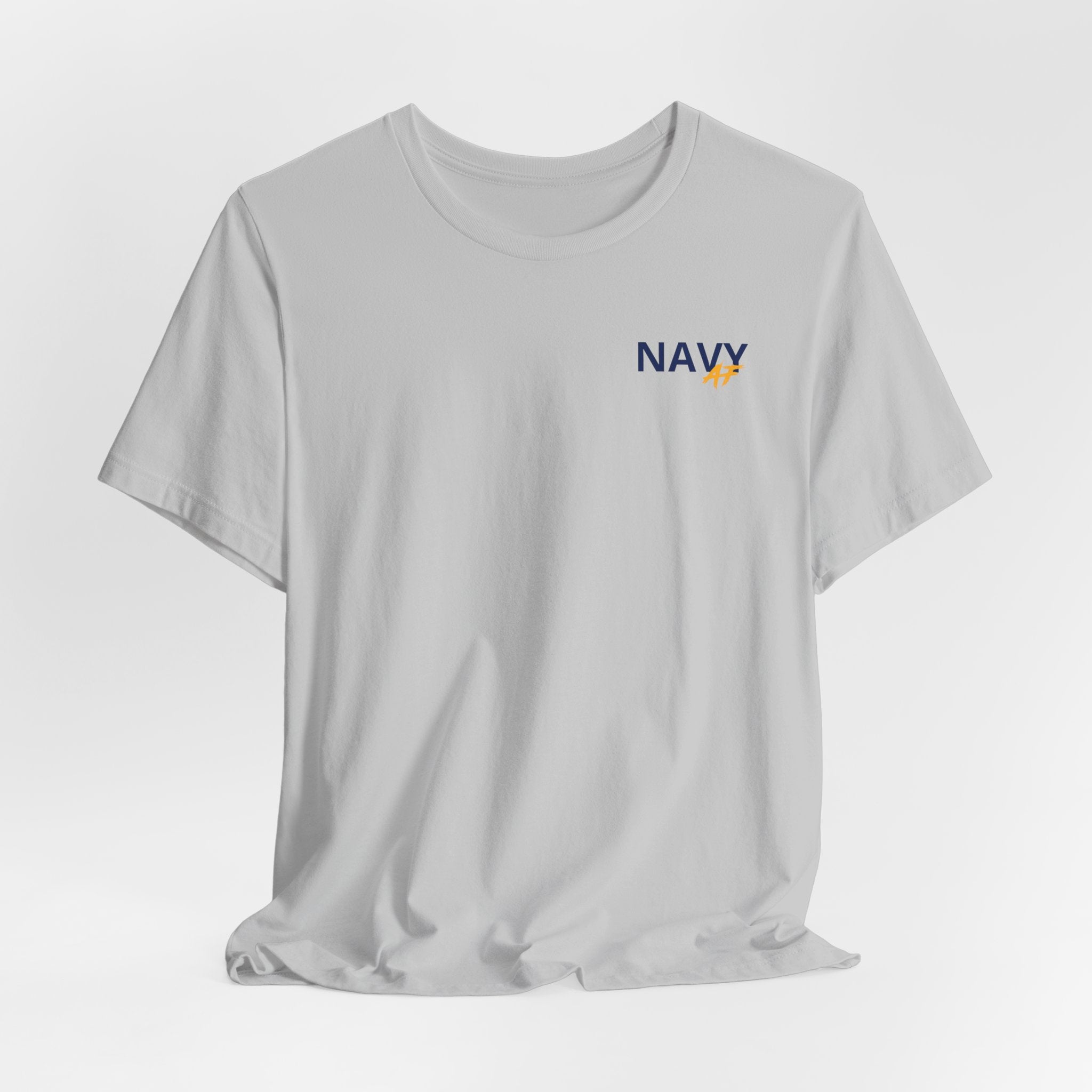 Navy veteran T-shirt in Solid Athletic Grey shown draped with the NAVY chest print