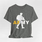 Dark heather grey Army AF tee draped flat, gold AF and white RMY with a white soldier