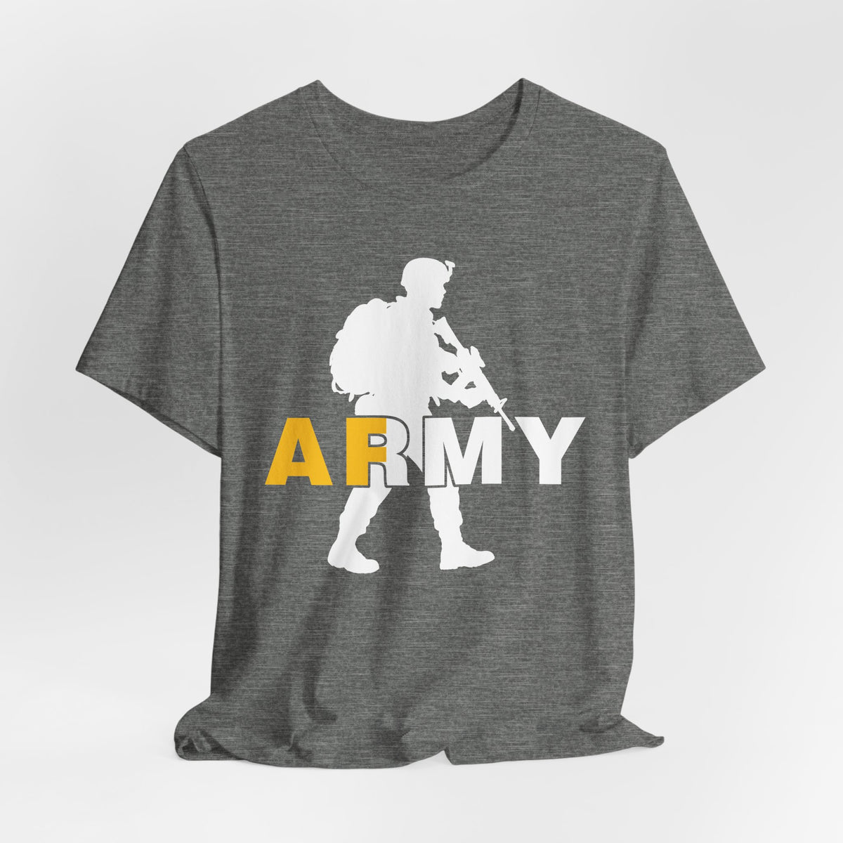 Dark heather grey Army AF tee draped flat, gold AF and white RMY with a white soldier