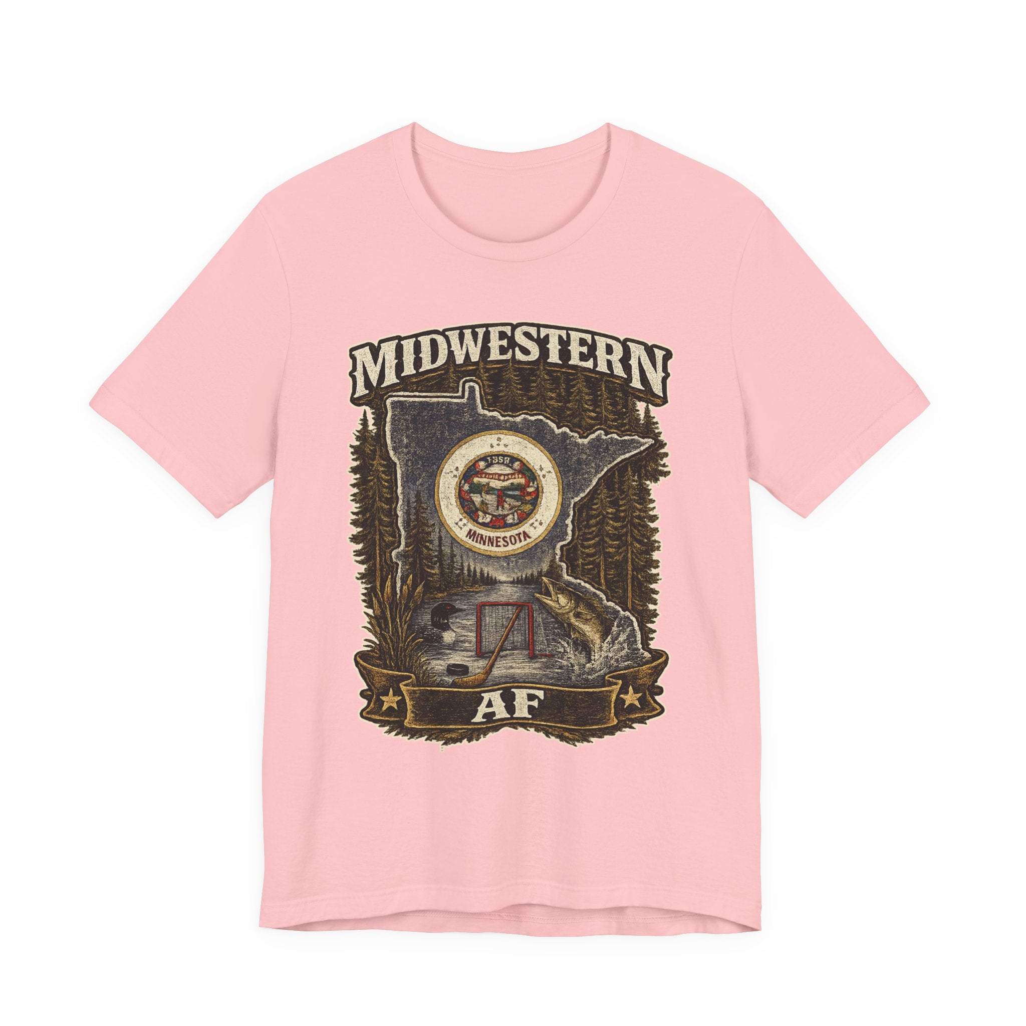 Family Friendly Midwestern AF Minnesota T-Shirt in Pink – distressed Minnesota state flag design with pine trees, loon and walleye