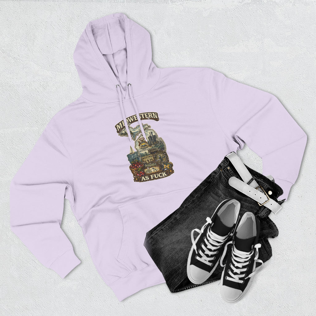 Midwestern As Fuck Michigan Hoodie – product photo 22 featuring a distressed vintage design featuring Michigan's Upper and Lower Peninsulas overlaid with the state outline, surrounded by Detroit's skyline, Woodward Avenue, the Great Lakes, and Traverse City cherries