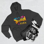 Charcoal heather hoodie styled flat lay with jeans, belt, and sneakers, graffiti Brooklyn As Fuck NYC skyline print.