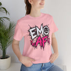 Woman wearing the Pink EMO AF T-Shirt beside a houseplant, front graphic centred