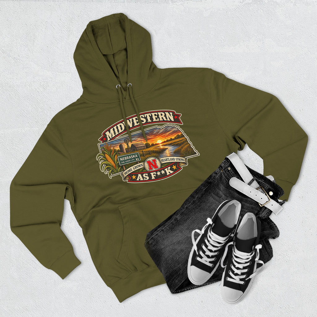 Army green Nebraska As F**K hoodie flat-lay styled with dark jeans and sneakers