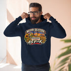Bearded man wearing the navy Kansas As F**K hoodie, hands on the hood