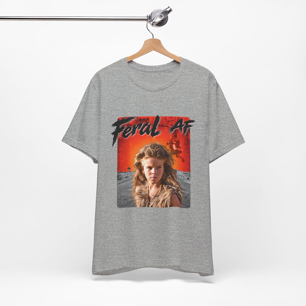 Athletic Heather Feral AF tee on a wooden hanger against a pale wall, front print facing forward