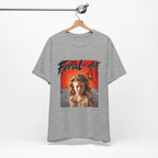 Athletic Heather Feral AF tee on a wooden hanger against a pale wall, front print facing forward