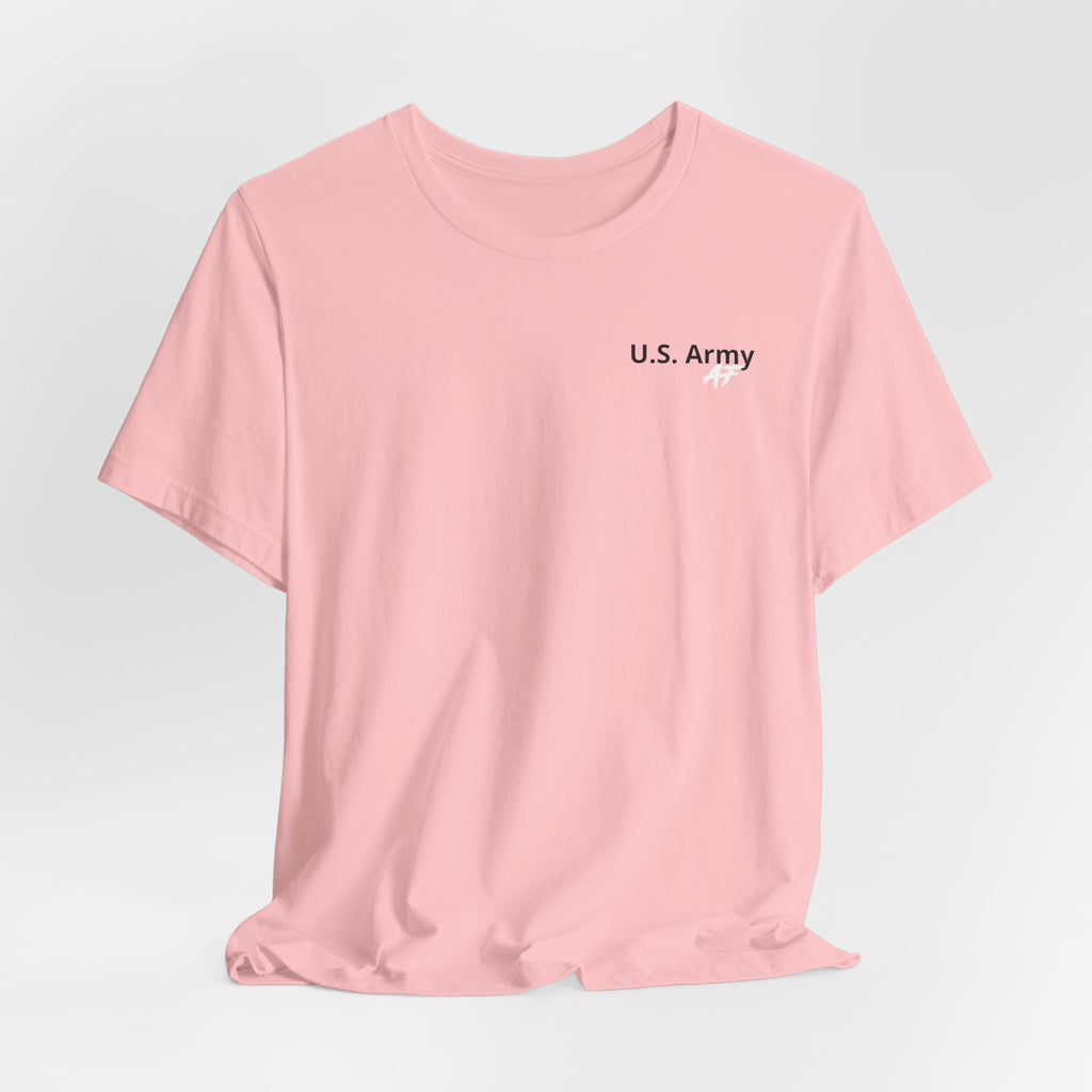 Army veteran T-shirt in Pink shown draped with a personalized U.S. Army chest print