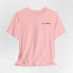 Army veteran T-shirt in Pink shown draped with a personalized U.S. Army chest print