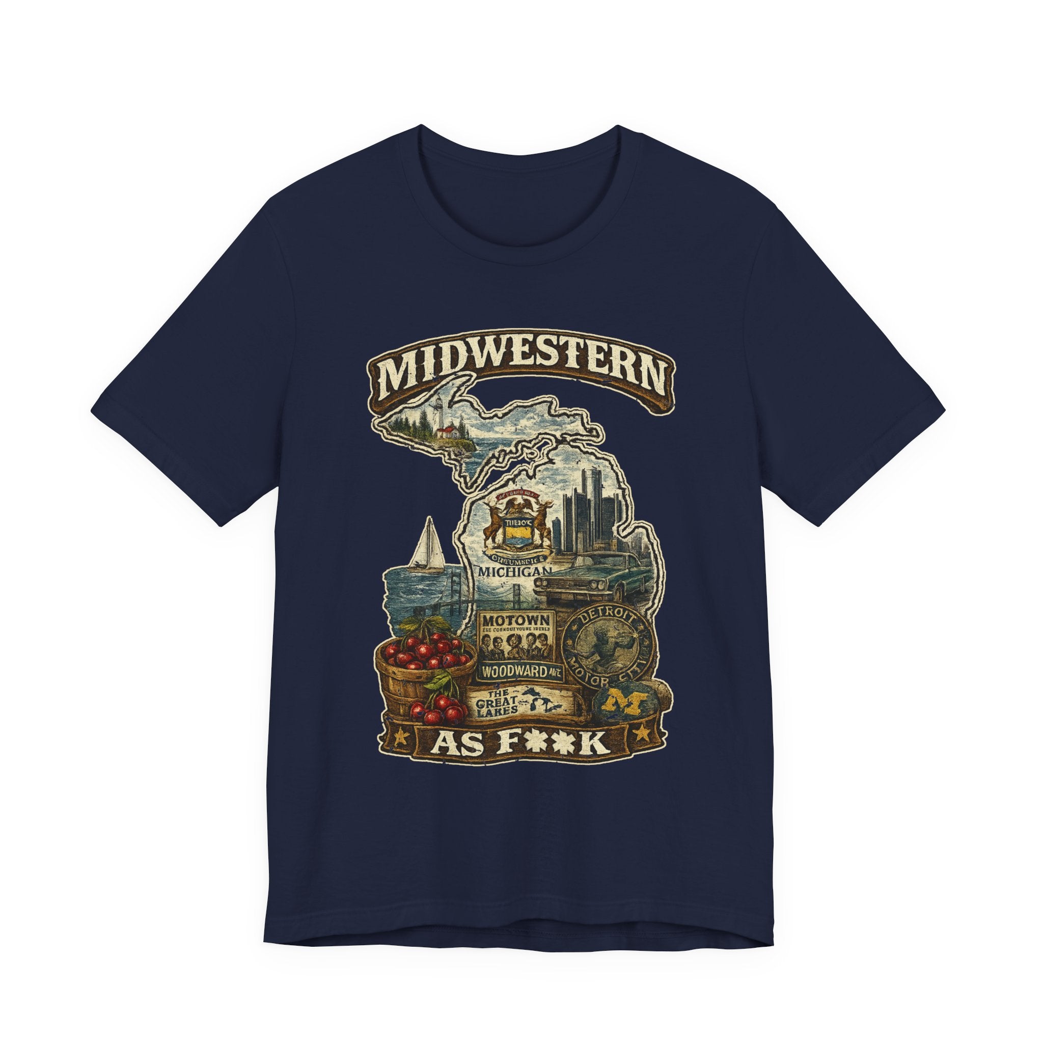 Slightly Salty Midwestern As F**K Michigan T-Shirt in Navy – a distressed vintage design featuring Michigan's Upper and Lower Peninsulas overlaid with the state outline, surrounded by Detroit's skyline, Woodward Avenue, the Great Lakes, and Traverse City cherries