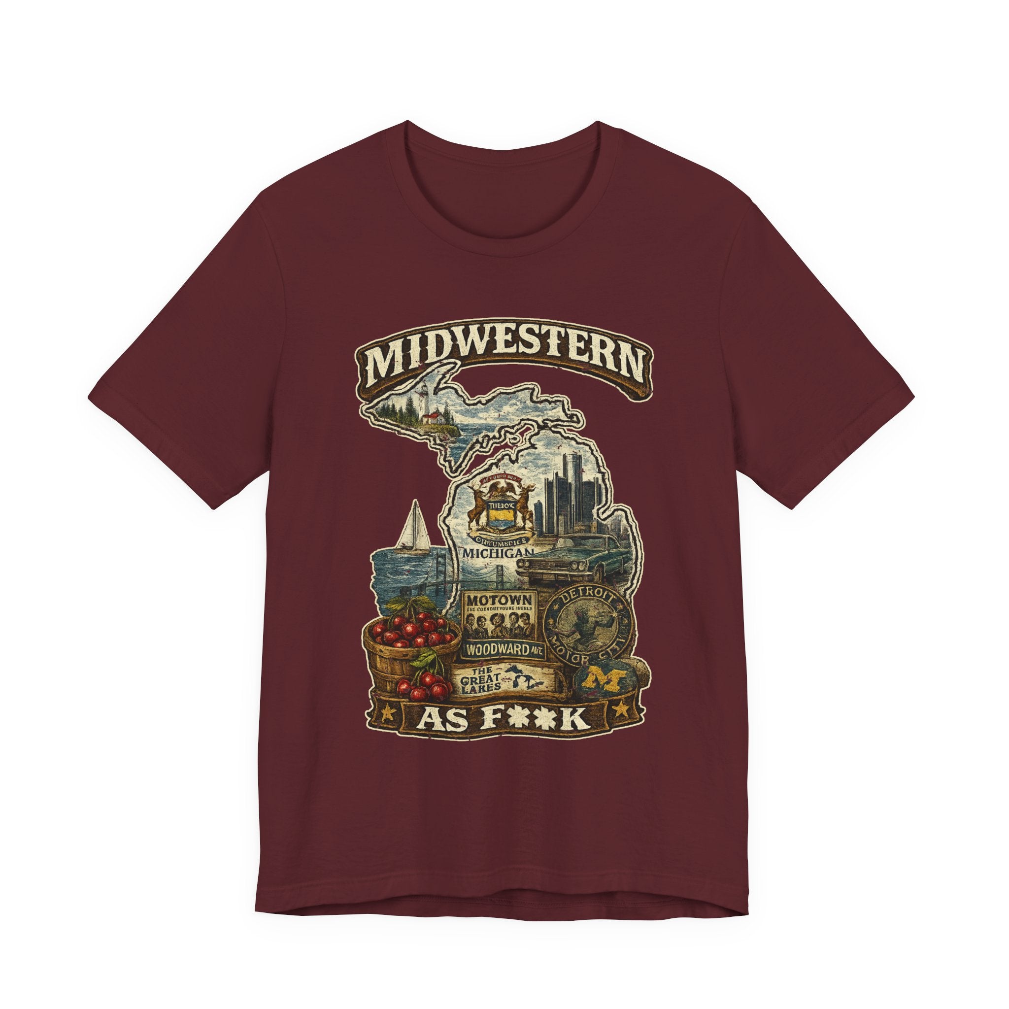 Slightly Salty Midwestern As F**K Michigan T-Shirt in Maroon – a distressed vintage design featuring Michigan's Upper and Lower Peninsulas overlaid with the state outline, surrounded by Detroit's skyline, Woodward Avenue, the Great Lakes, and Traverse City cherries
