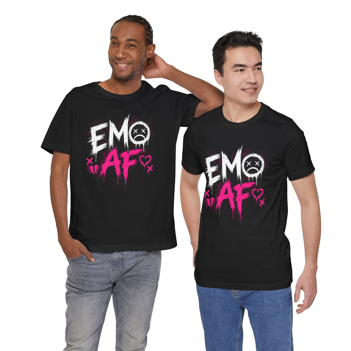 Two men wearing the Black EMO AF T-Shirt, showing the front print
