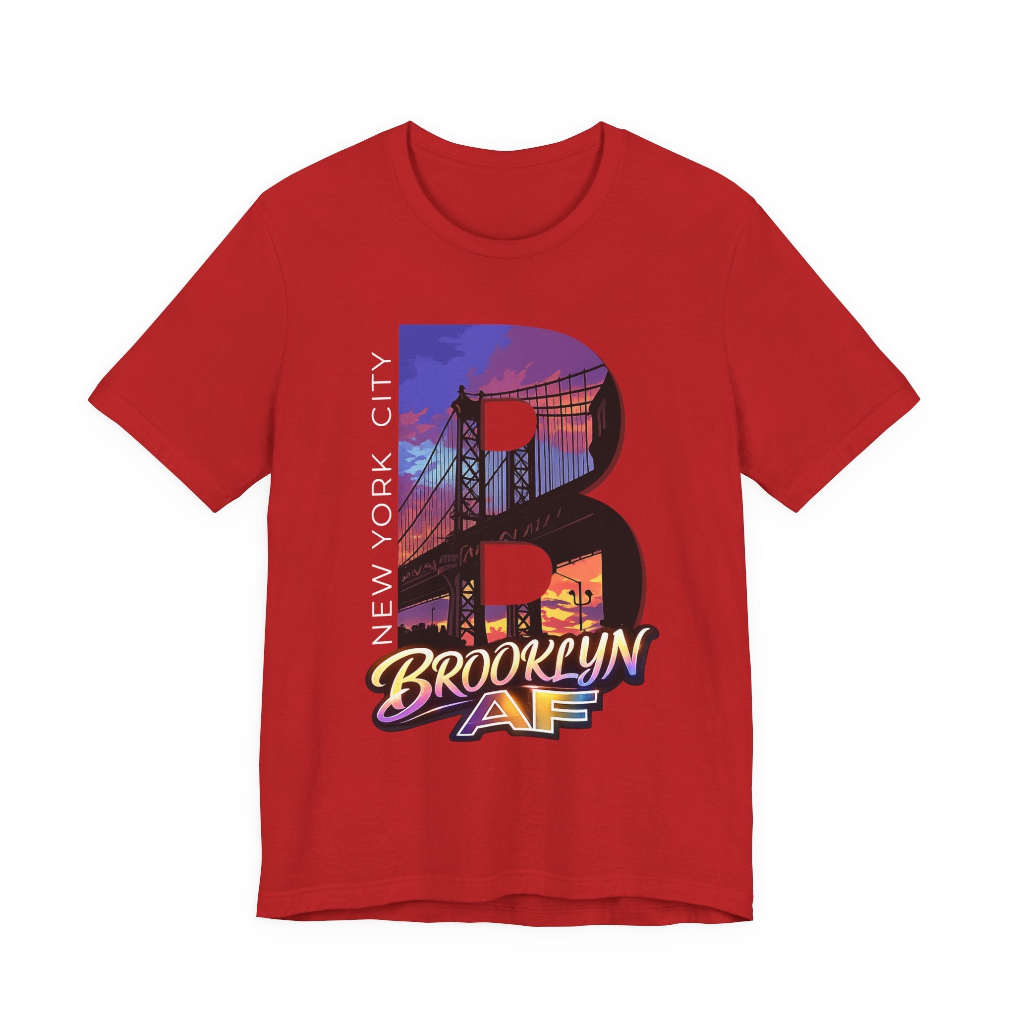 Red t-shirt, flat lay front view, with a bold B and a purple-orange Brooklyn Bridge sunset skyline graphic.
