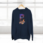 Navy hoodie hanging on a wooden hanger, bold B with a Brooklyn Bridge sunset skyline graphic.