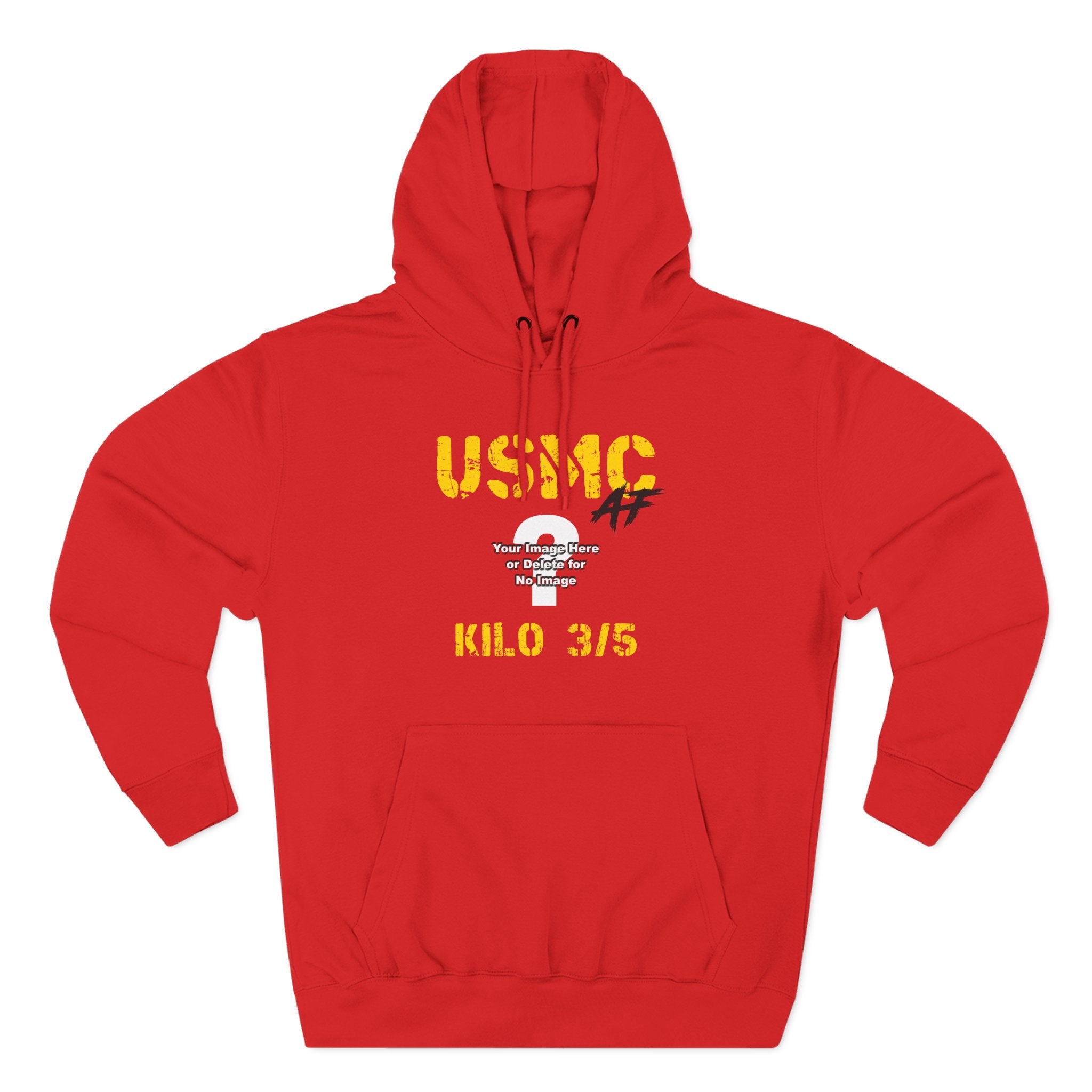 Personalized USMC Marine Corps AF hoodie in Red with gold USMC lettering, a custom photo area and unit text