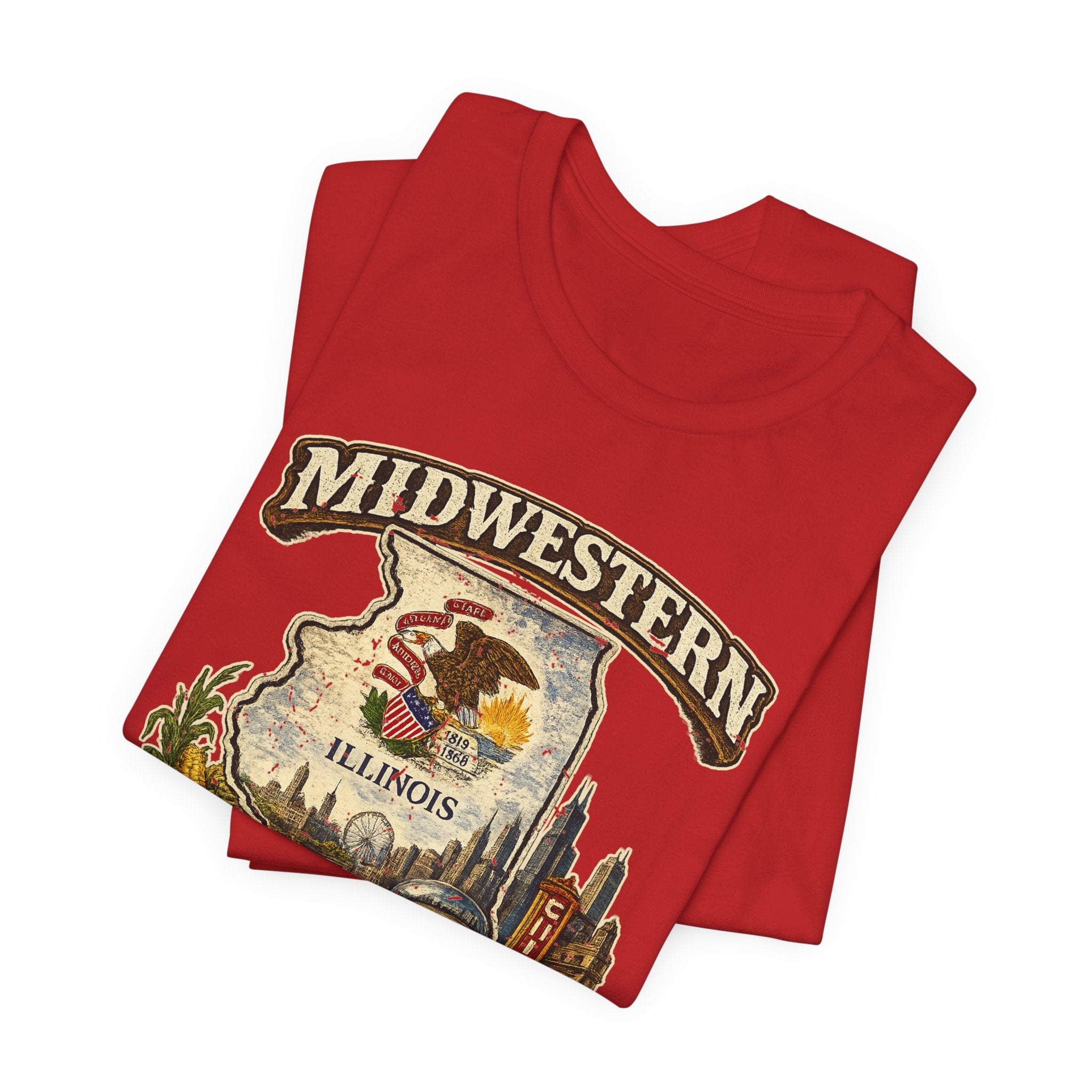 Slightly Salty Midwestern As F**K Illinois T-Shirt – product photo 19 featuring a distressed vintage design featuring the Illinois state outline overlaid with the state flag, surrounded by the Chicago skyline, the Chicago Theatre sign, The Bean, deep-dish pizza, a Chicago-style hot dog, and towering corn fields