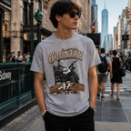 Young man on a city street wearing the Athletic Heather Country AF tee