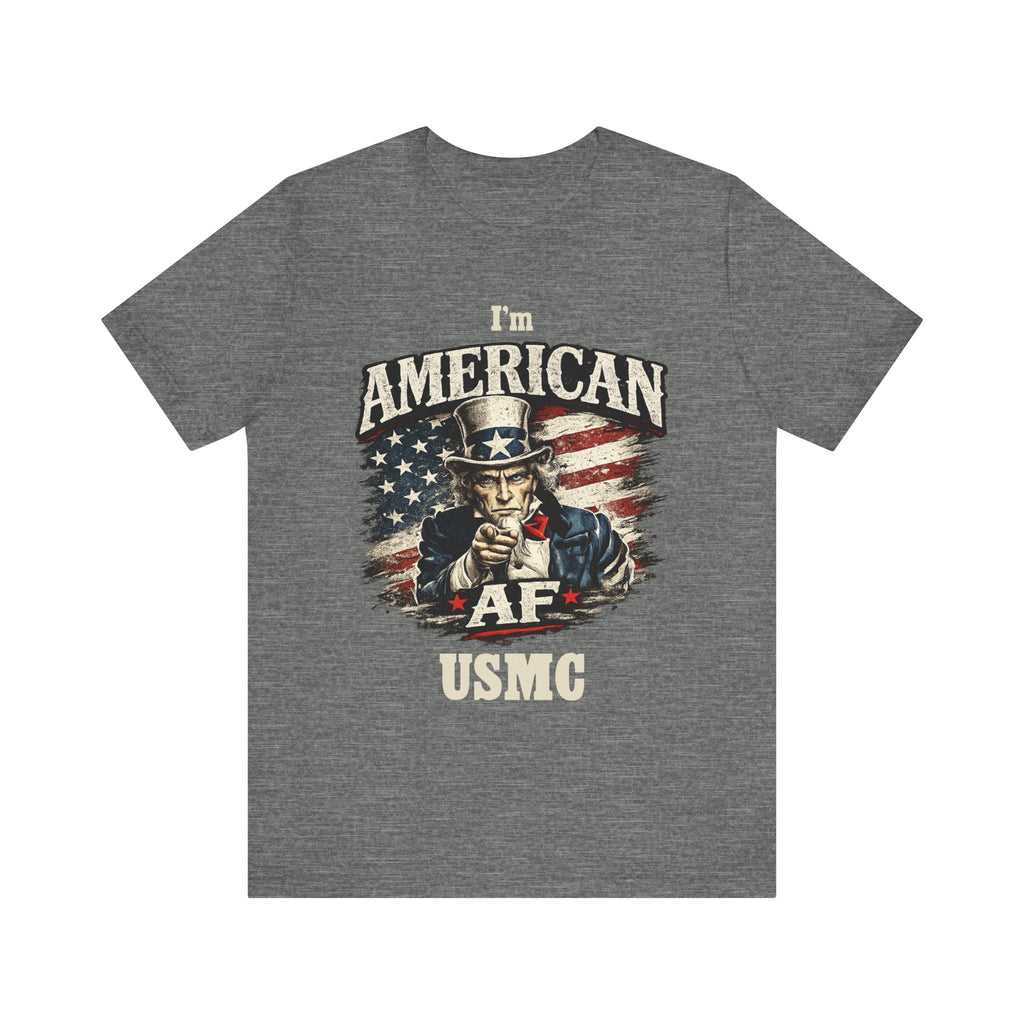 Red t-shirt worn by a female model in a close-up torso crop, Uncle Sam graphic with bold personalized text over a flag.
