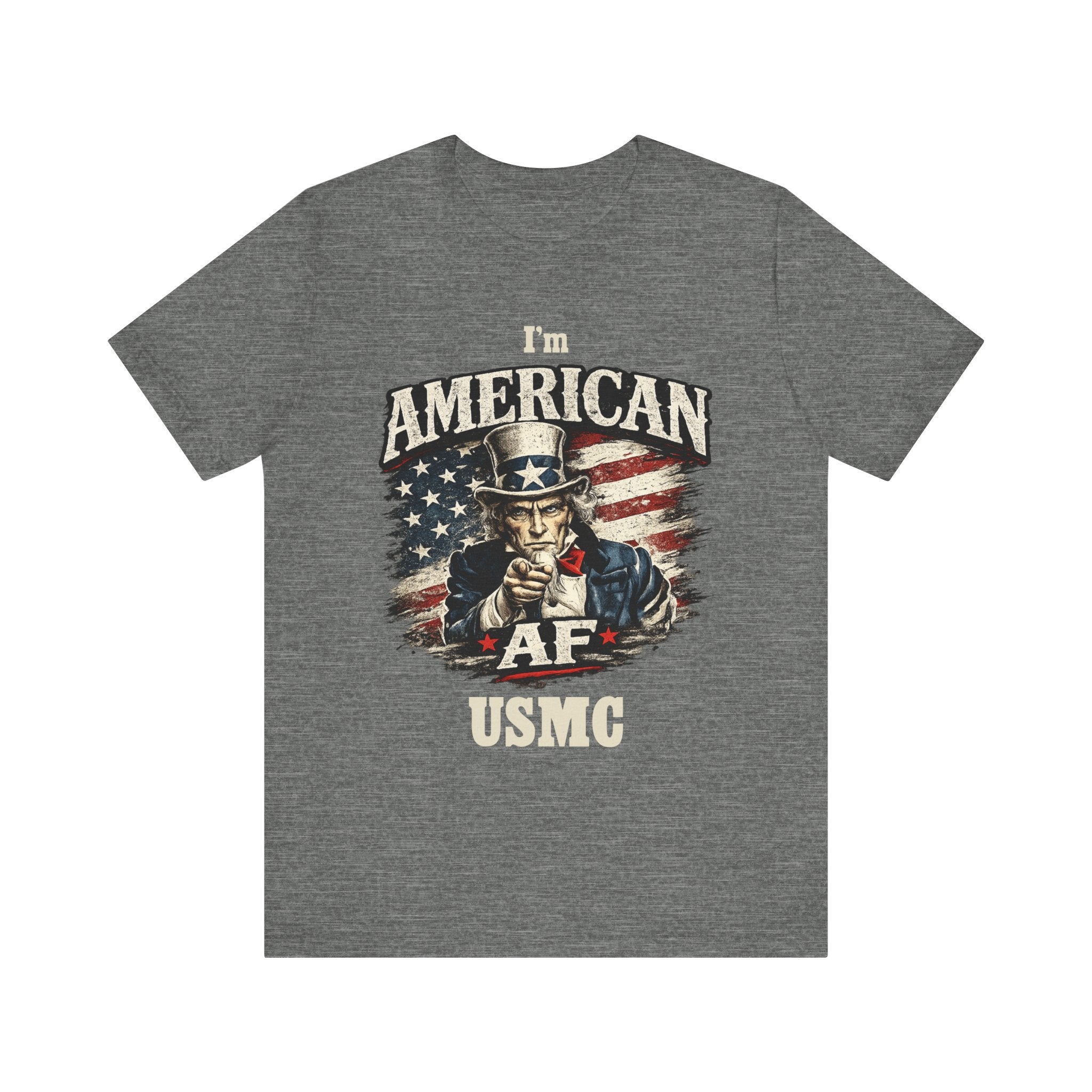 Red t-shirt worn by a female model in a close-up torso crop, Uncle Sam graphic with bold personalized text over a flag.