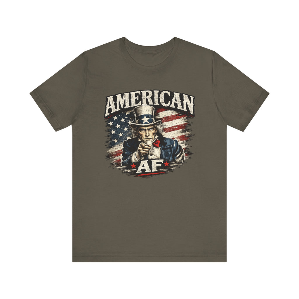 Black t-shirt folded into a stack, top fold showing the Uncle Sam graphic and I'm American lettering.