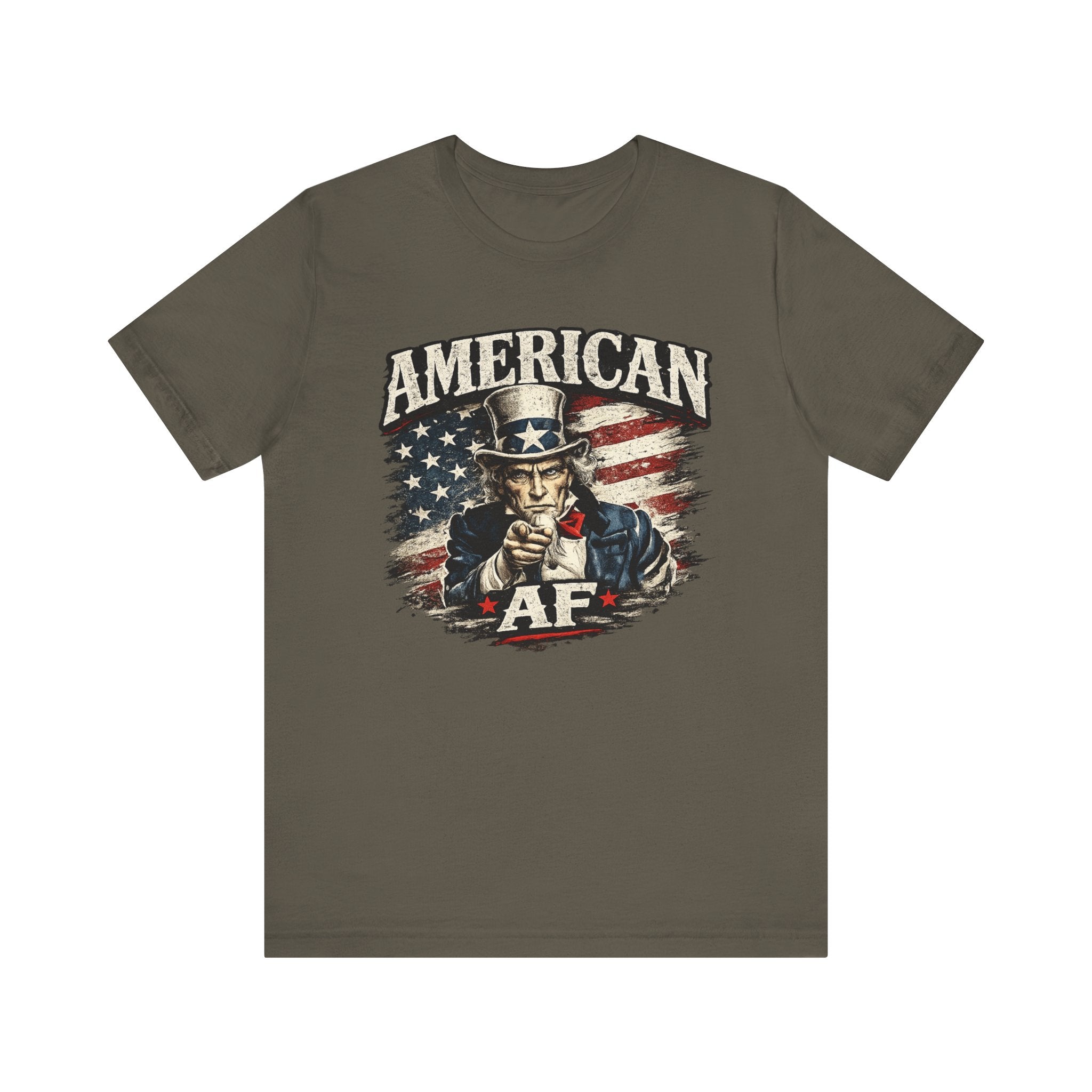 Black t-shirt folded into a stack, top fold showing the Uncle Sam graphic and I'm American lettering.
