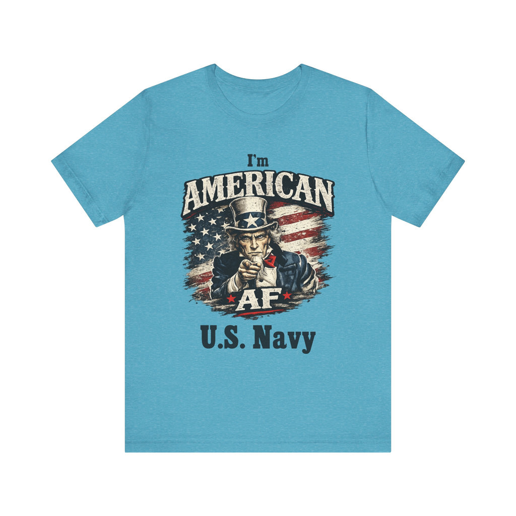 Heather blue flat lay tee with Uncle Sam graphic personalized with 'U.S. Navy' text below