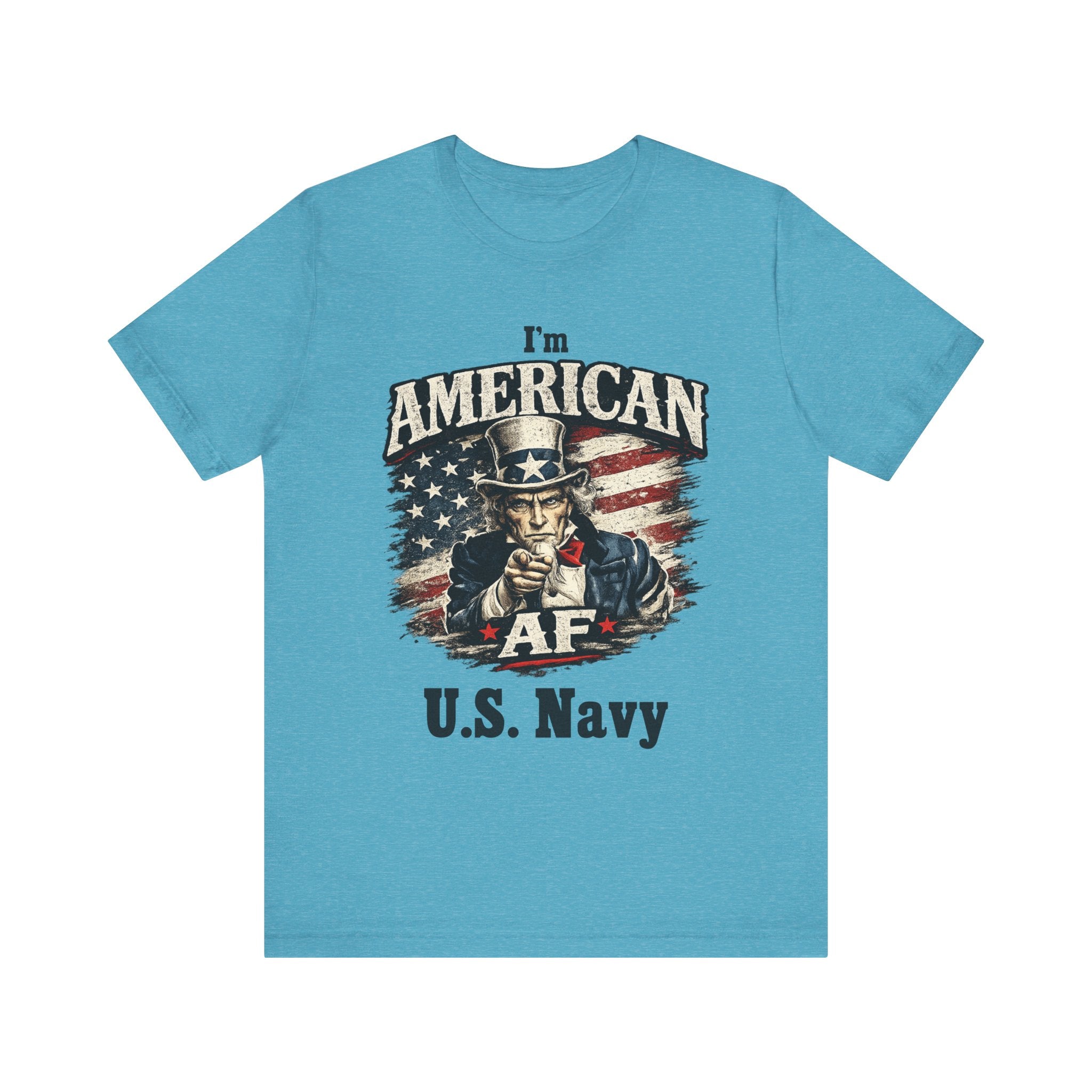 Heather blue flat lay tee with Uncle Sam graphic personalized with 'U.S. Navy' text below