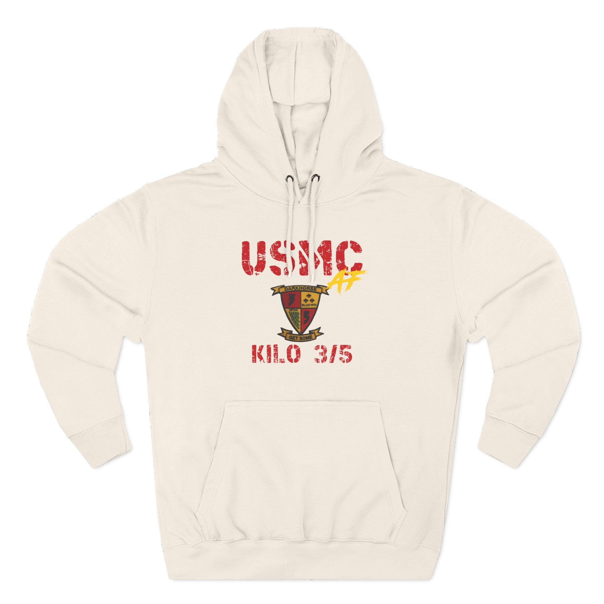 Personalized USMC Marine Corps AF hoodie in Sandshell with red USMC lettering, a custom photo area and personalized unit text