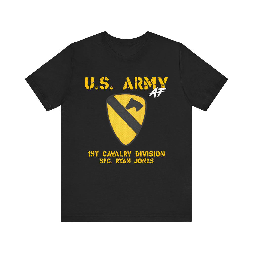 Worked example of the Personalized U.S. Army AF T-shirt in Black, with the 1st Cavalry Division patch and the name SFC. Ryan Jones
