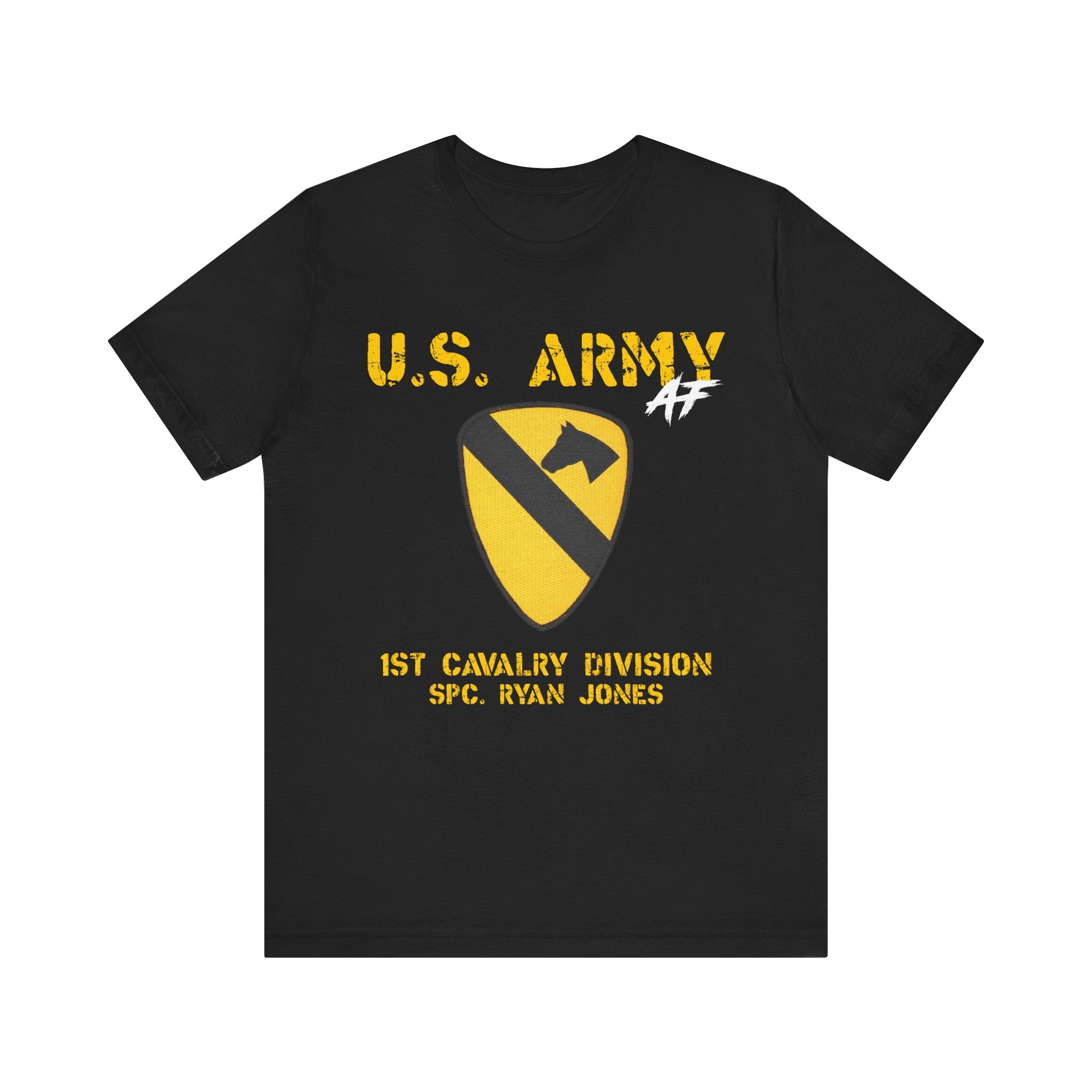 Worked example of the Personalized U.S. Army AF T-shirt in Black, with the 1st Cavalry Division patch and the name SFC. Ryan Jones