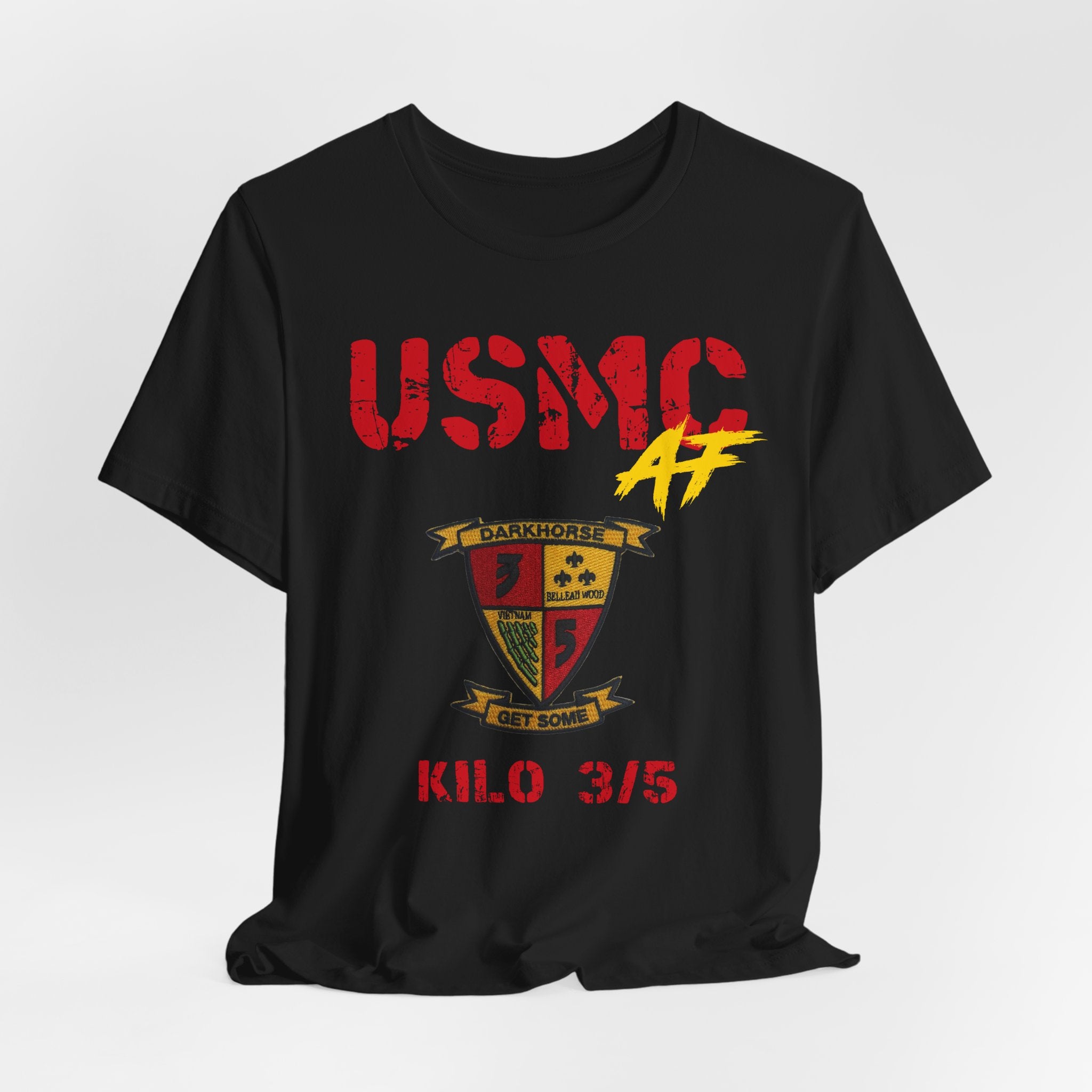 Personalized USMC Marine Corps AF T-shirt in Black with a unit crest between the USMC lettering and KILO 3/5 unit text