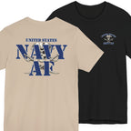 Navy AF pirate tee shown two ways — tan shirt with the full back print beside a black shirt with the chest logo
