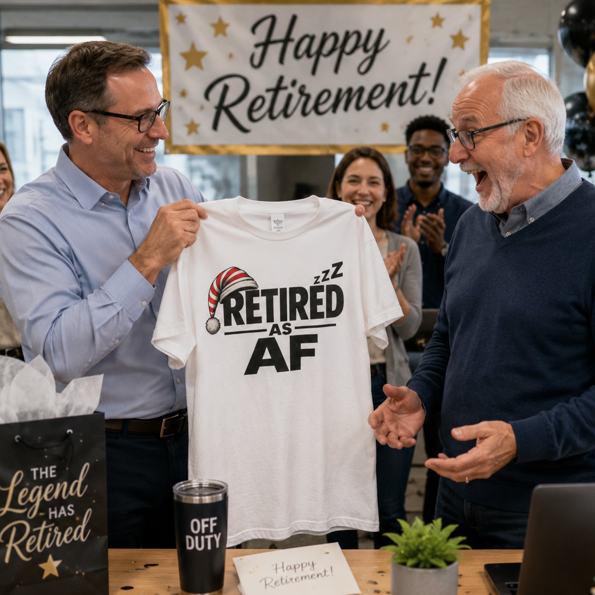 Coworkers at an office retirement party holding up the white Retired AF T-shirt under a Happy Retirement banner