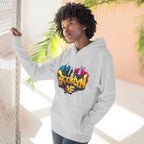 Woman at a sunlit window in the Heather Grey Brooklyn AF graffiti hoodie