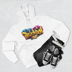 White Brooklyn AF graffiti hoodie styled flat with black high-top sneakers