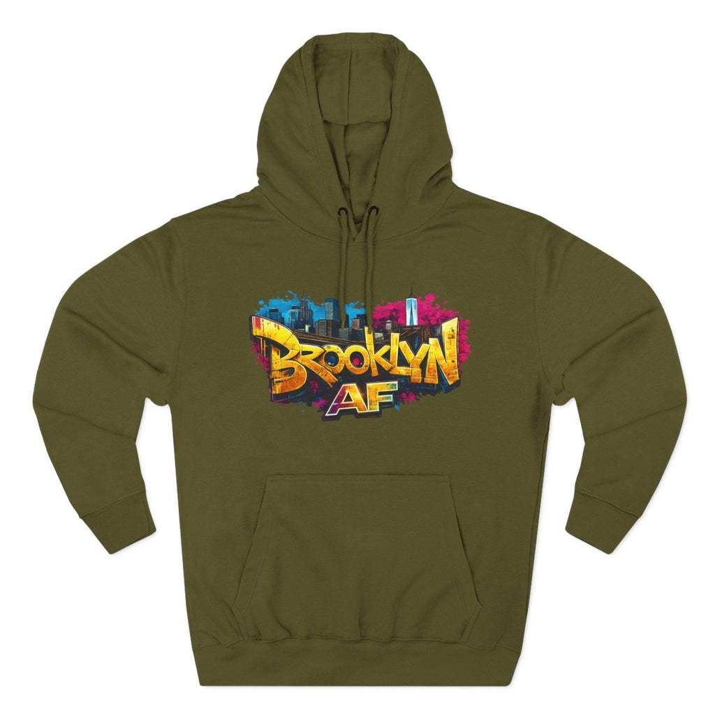 Army Green Brooklyn AF graffiti hoodie laid flat, colour street-art front print
