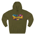 Army Green Brooklyn AF graffiti hoodie laid flat, colour street-art front print