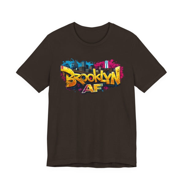 Dark Chocolate Brooklyn AF graffiti tee laid flat, colour street-art front print