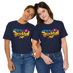 Two women side by side in Navy Brooklyn AF graffiti tees, front prints showing