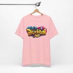 Pink Brooklyn AF graffiti tee on a wooden hanger against a white wall