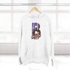 White Brooklyn AF hoodie on a wooden hanger by a window, skyline B showing
