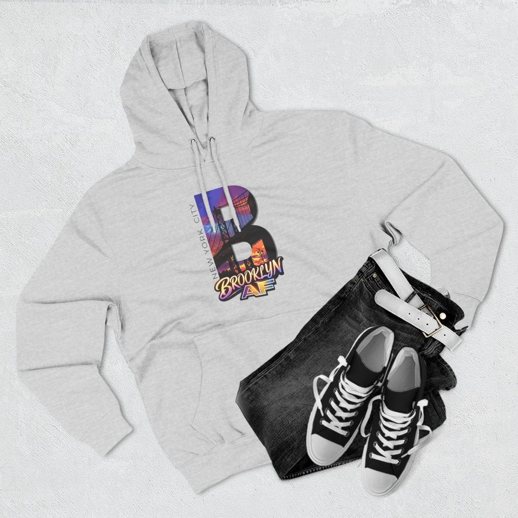 Heather Grey Brooklyn AF hoodie styled flat with black and white sneakers