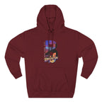 Maroon Brooklyn AF hoodie laid flat, NYC skyline inside a big letter B