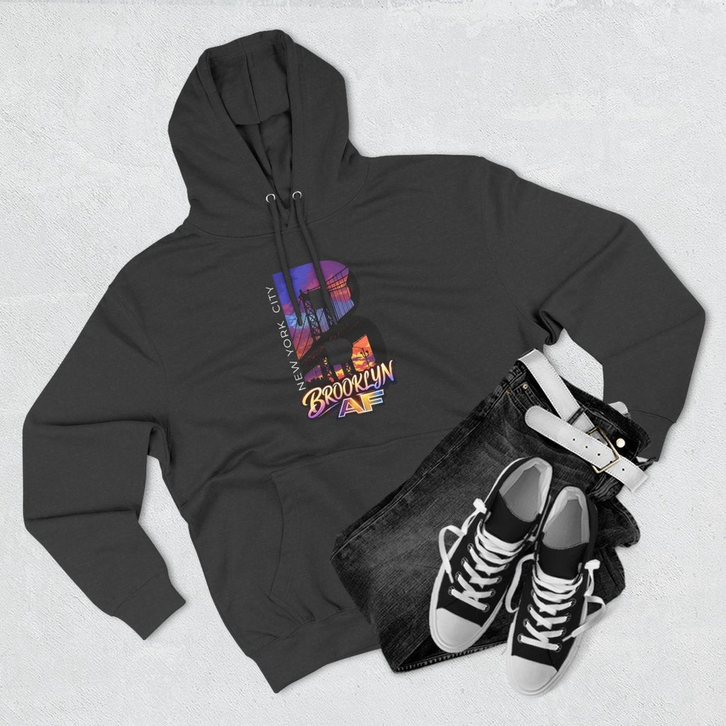 Charcoal Brooklyn AF hoodie styled flat with black high-top sneakers