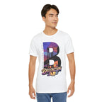 Man in the White Brooklyn AF tee, New York City skyline B print showing