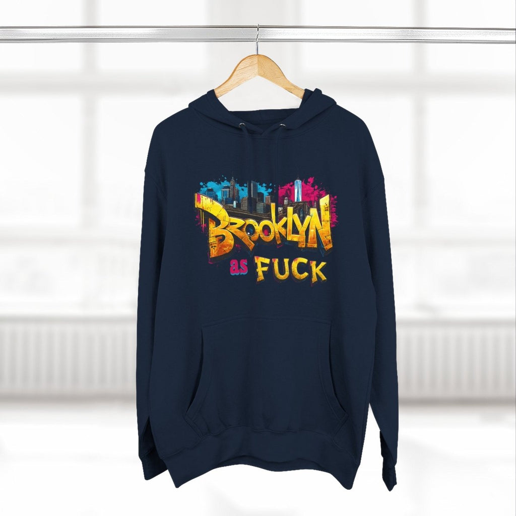 Navy Brooklyn As Fuck graffiti hoodie on a wooden hanger, street-art front print