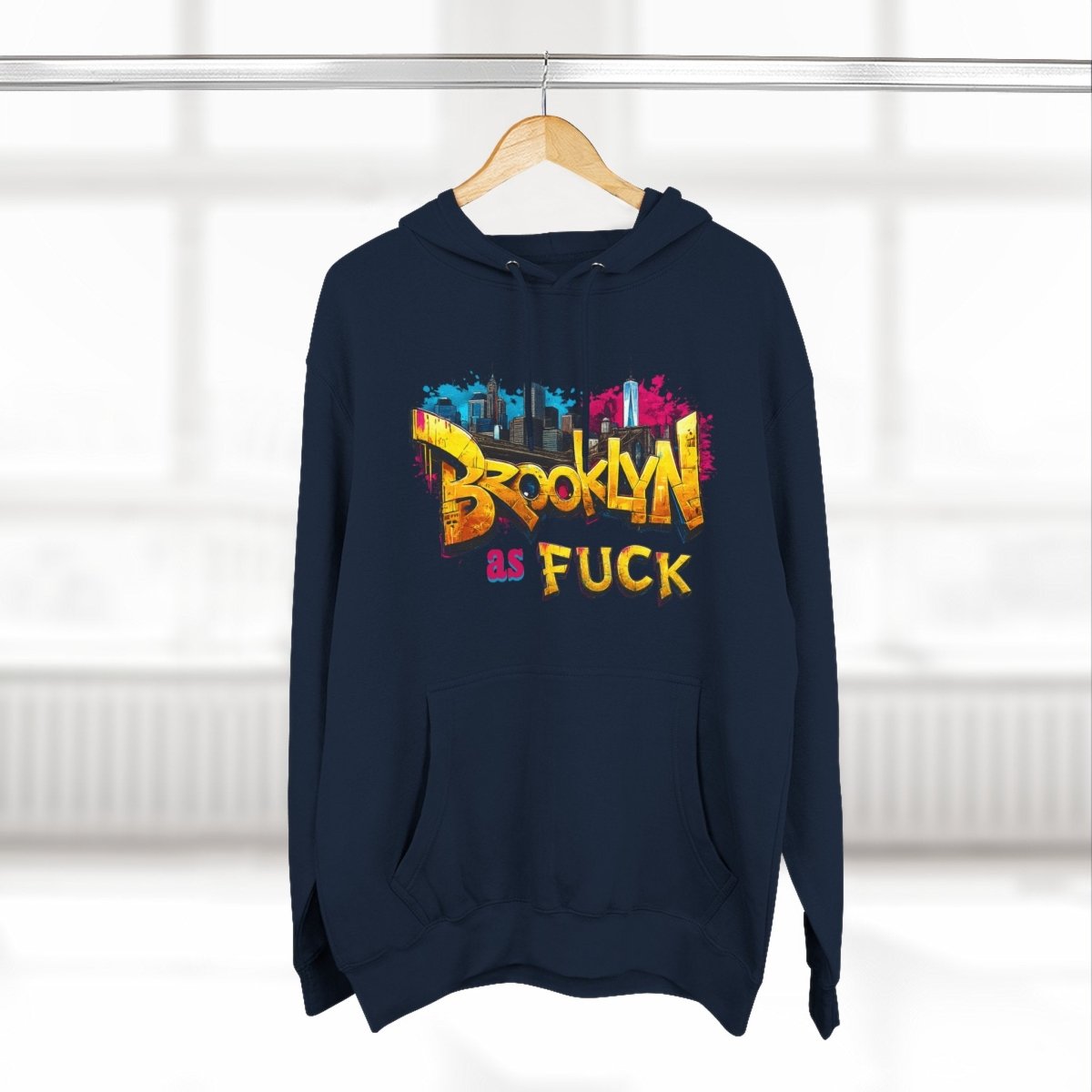 Navy Brooklyn As Fuck graffiti hoodie on a wooden hanger, street-art front print