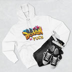 White Brooklyn As Fuck graffiti hoodie styled flat with black high-top sneakers