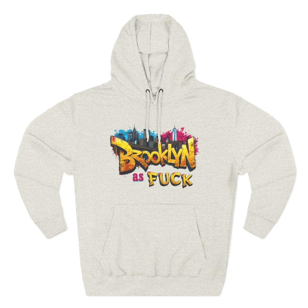 Natural cream Brooklyn As Fuck graffiti hoodie laid flat, colour street-art print